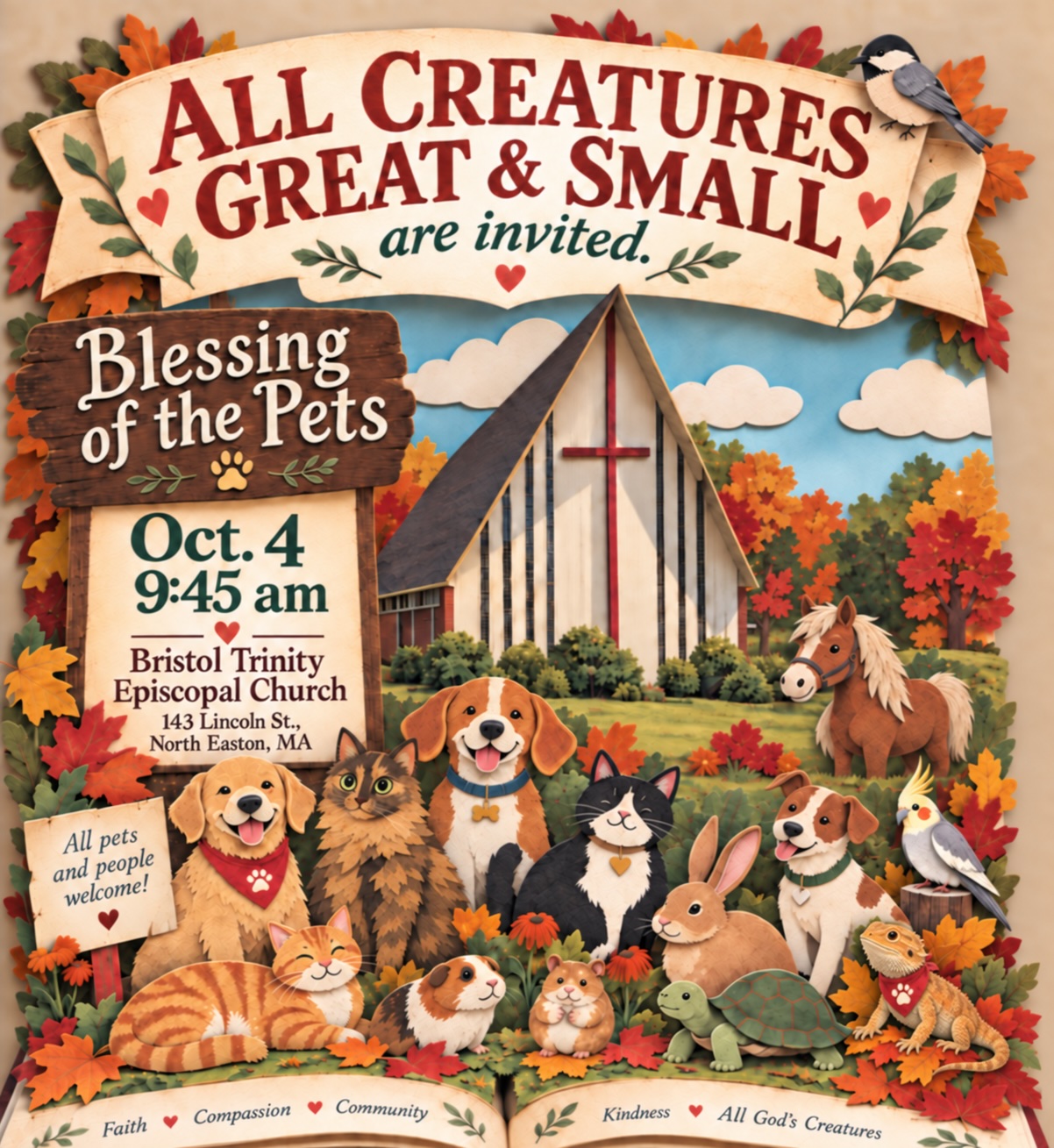 Playful pop-up-book Blessing of the Pets flyer customized for a church