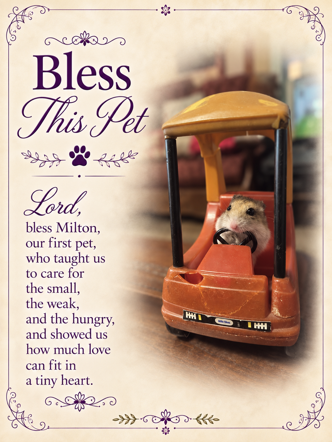 Personalized blessing for Milton the hamster