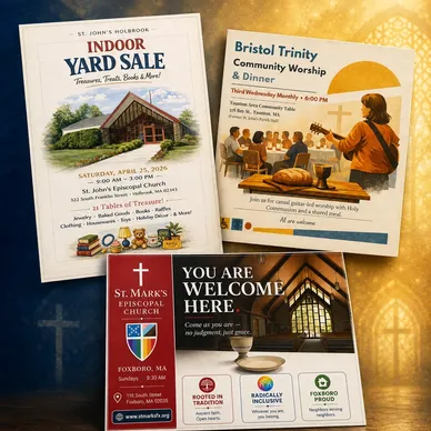 Flyers for church worship, community events, and welcome