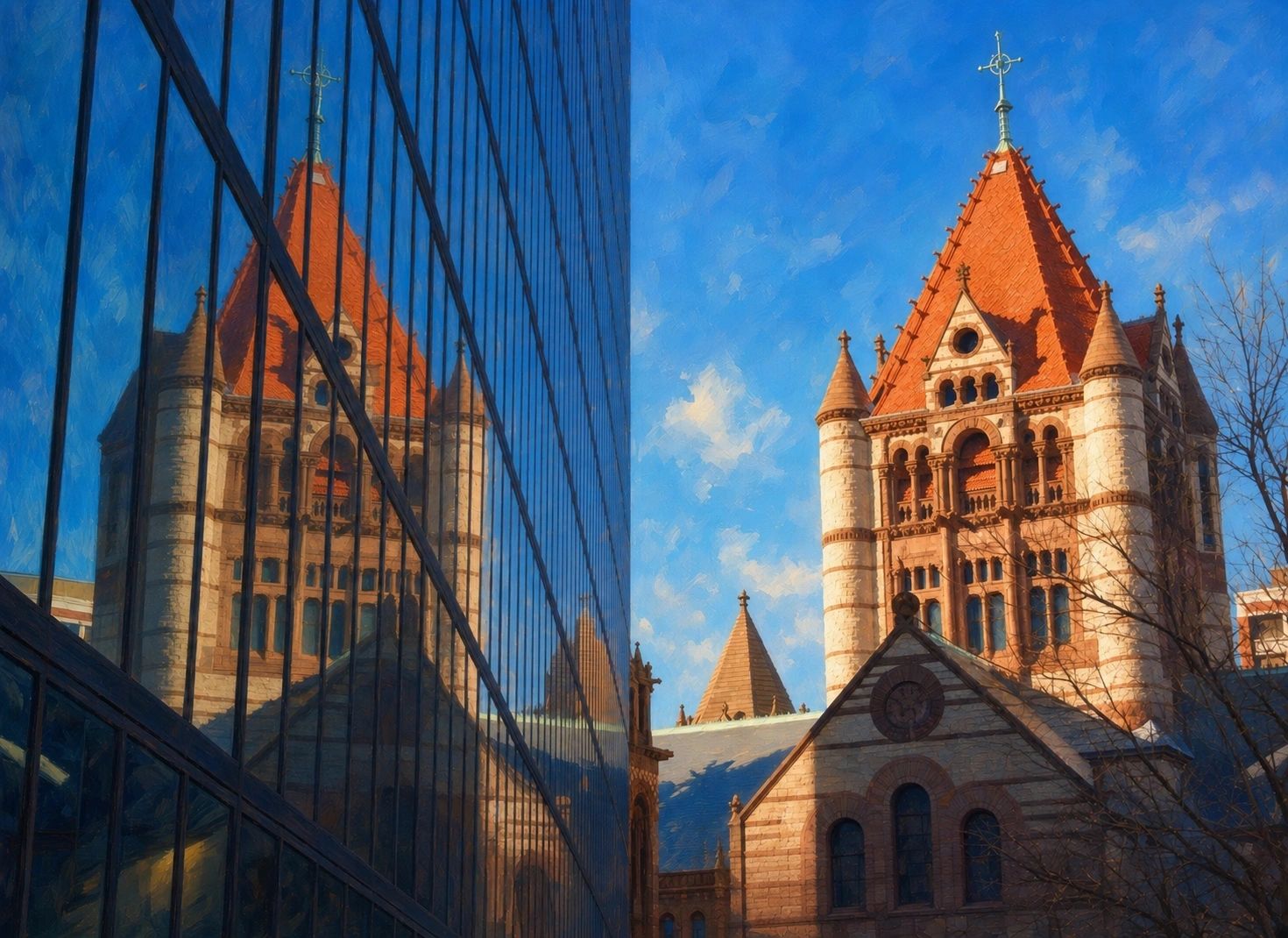 Church reflected in modern glass, linking traditional ministry with the digital world